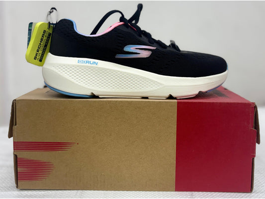 Side view of a black Skechers GORUN women's running shoe with iridescent S logo and thick white midsole